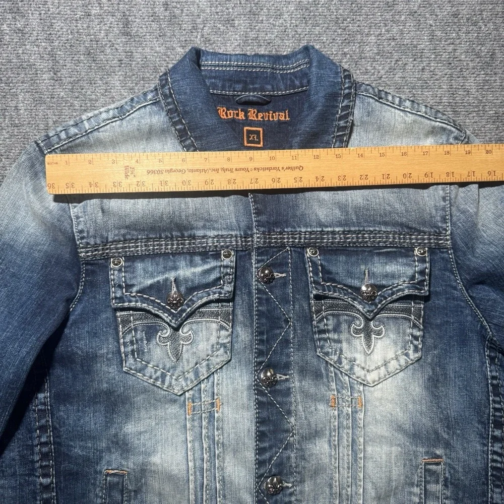 Rock Revival Men XL Jacket Blue Faded Denim Collar Grunge Y2K Biker Distressed
